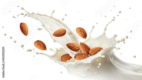 Milk splash with almonds isolated on transparent background