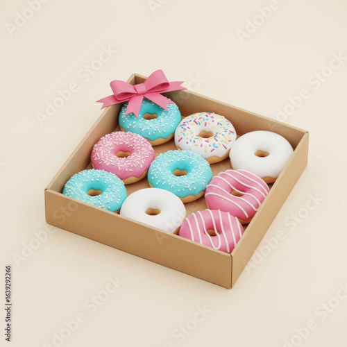 Delicious Donuts in a Box with Pink Ribbon Sweet Gift 3D Vector Illustration