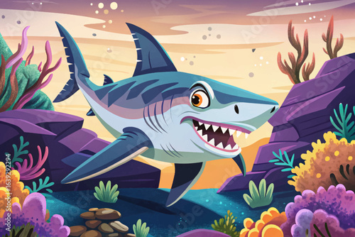Hammerhead shark patrolling coral reef waters, unique head shape, deep sea hunter wallpaper cartoon