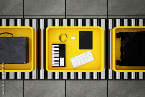Comprehensive Array of Electronic Devices Luggage in Airport Security Tray.