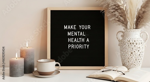 A letter board with MAKE YOUR MENTAL HEALTH A PRIORITY text flanked by lit candles and a vase