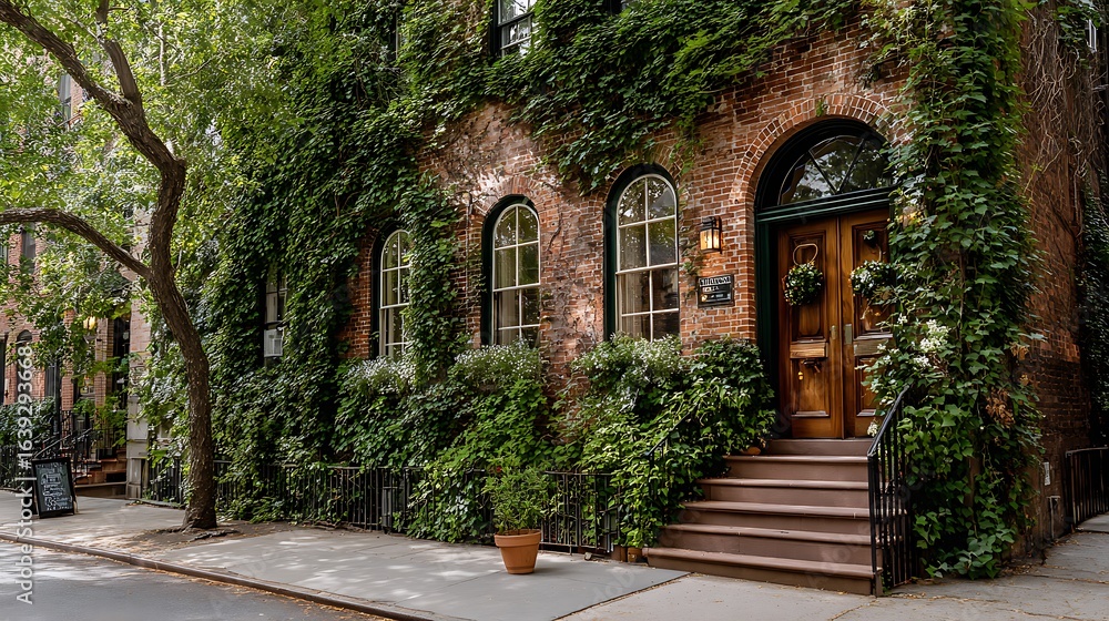 Fototapeta premium Charming Brick Building Entrance Covered in Lush Green Ivy and Foliage