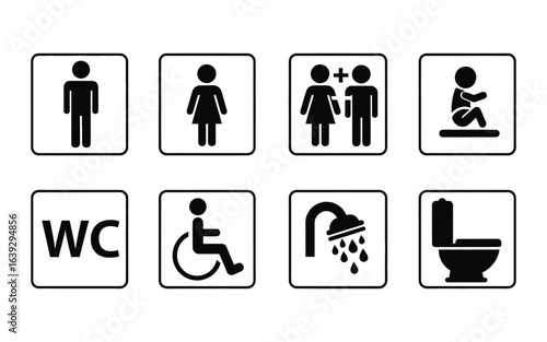 Restroom icons set, universal accessibility symbols for public spaces, modern design for signage, wayfinding, and inclusive facilities navigation