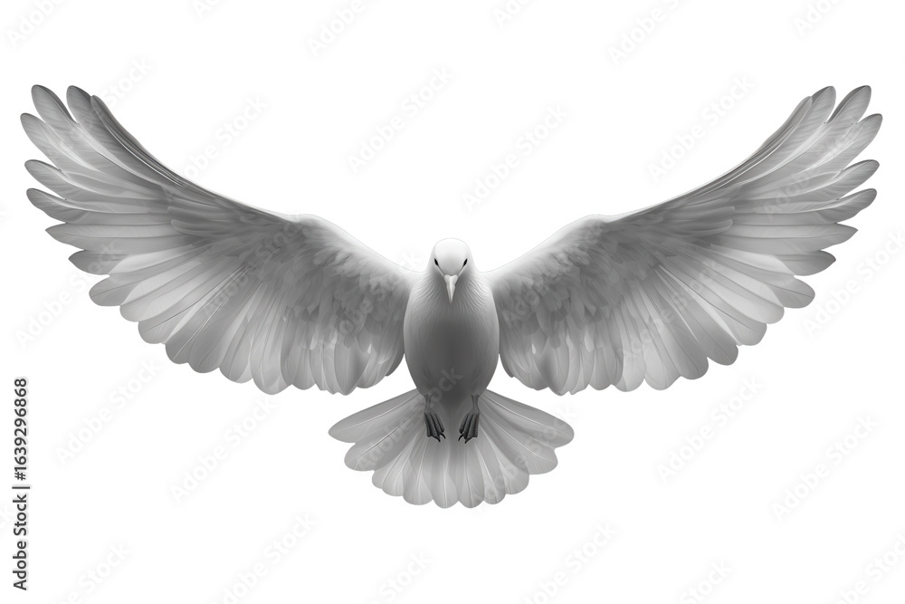 Fototapeta premium White dove soaring freely with outstretched wings against a dark background symbolizing peace and freedom in flight