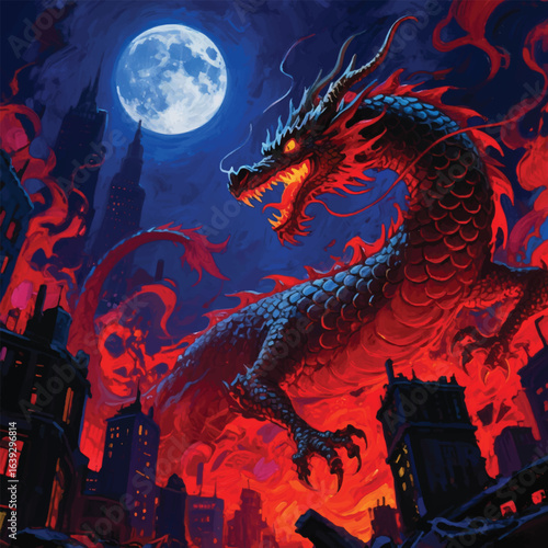 Illustration of Mythical Fire Dragon Invades Cityscape at Night vector design template
