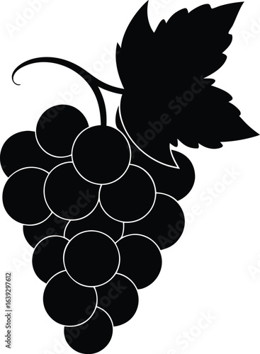 Minimalist hand drawn grape cluster with vine leaf silhouette isolated on transparent background