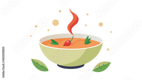 Bowl of spicy soup with chili pepper and herbs in cartoon style