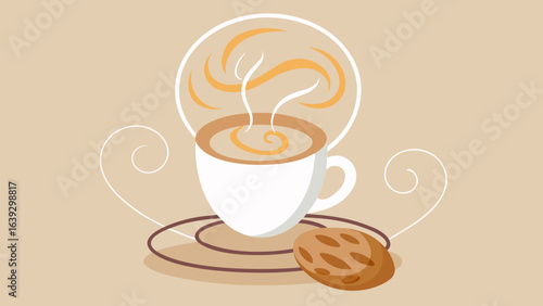 Cup of hot coffee with cookie on plate in cartoon style