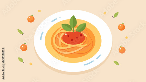 Plate of spaghetti with tomato sauce and basil in cartoon style