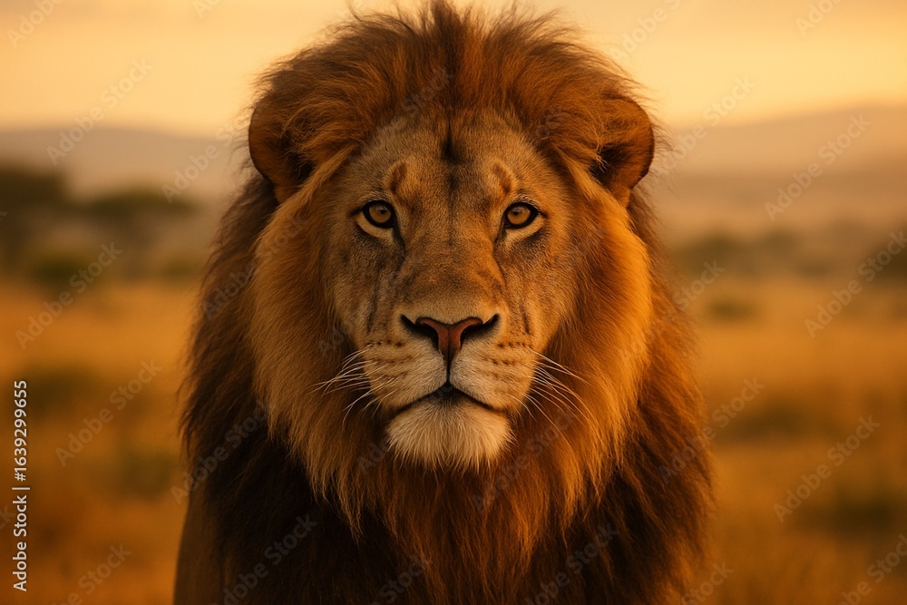 Fototapeta premium Majestic lion portrait with golden sunset light.