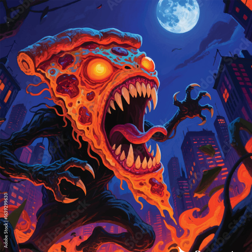 pizza monster rampages in the city at night under the full moon vector design template