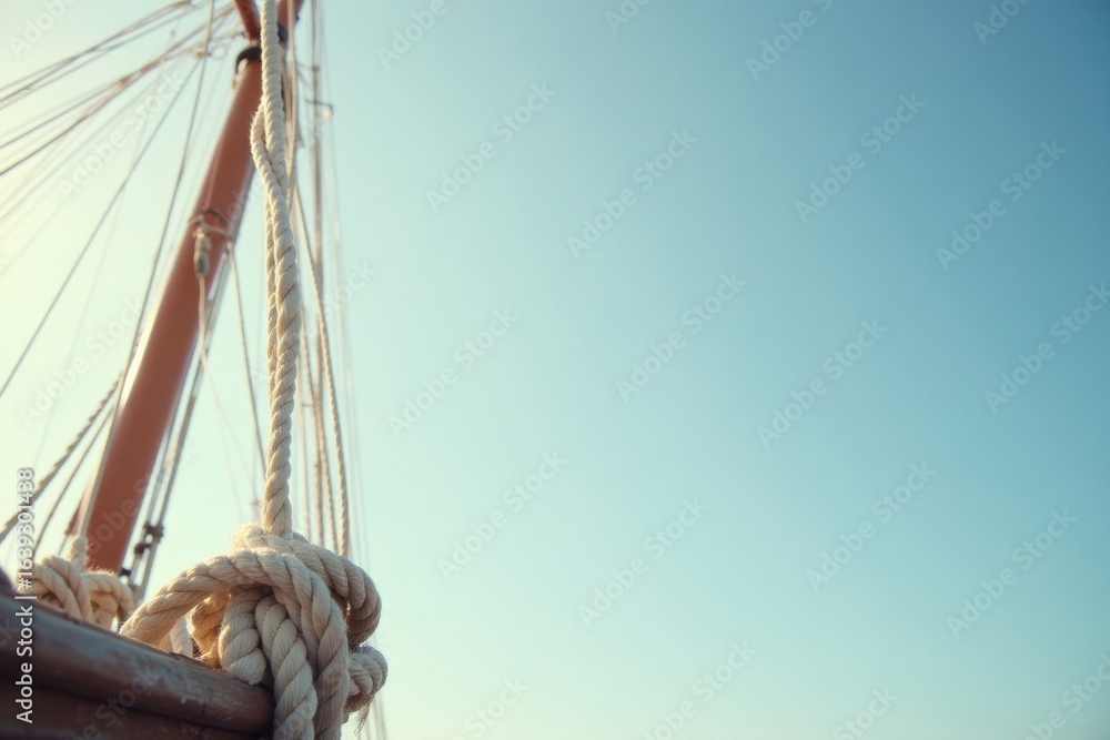 Obraz premium Close-up view of nautical ropes intricately tied, showcasing a sailing vessel's mast against a serene, clear sky