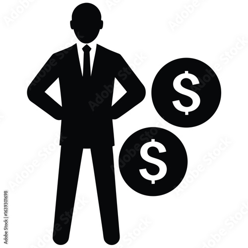 Banker standing confidently with floating currency symbols in background