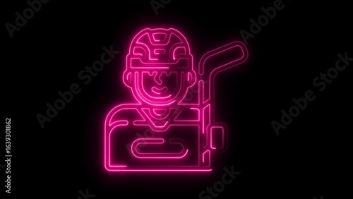 Pink Neon Hockey Player Icon on Black Background with Hockey Stick and Helmet sport