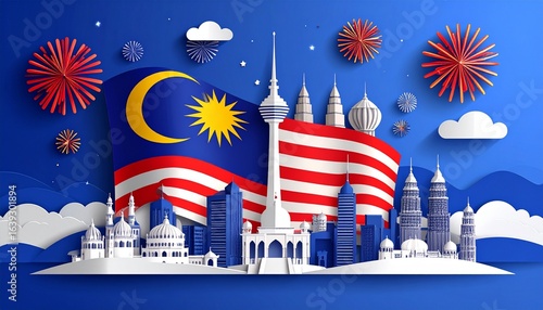 Malaysian Independence Day celebration paper art with landmarks