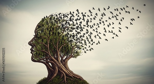 Treeshaped human head profile with flock of birds