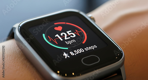 Sleek smartwatch on wrist showing 125 bpm heart rate and 8500 steps on its vibrant display.