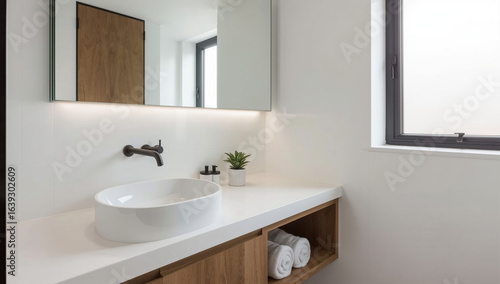 Wallpaper Mural Modern Serenity: Sleek White Bathroom Sink with Minimalist Urban Elegance and Subtle Natural Light Torontodigital.ca