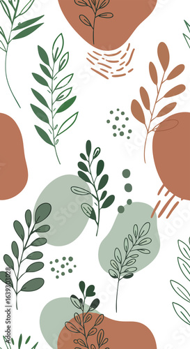 Seamless Pattern with Minimalist Leaves and Abstract Shapes