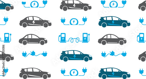 Seamless Pattern with Electric Vehicles and Charging Stations
