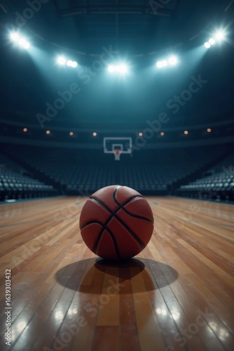 A lone basketball sits center court in a darkened arena, under bright spotlights, awaiting the game