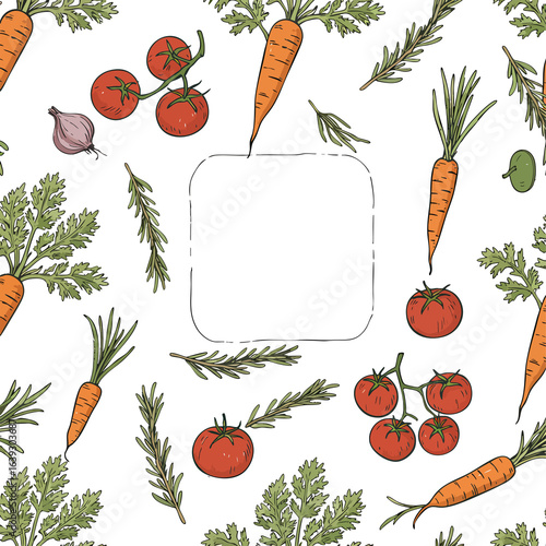 Seamless Vegetable Pattern with Carrot Tomato and Rosemary
