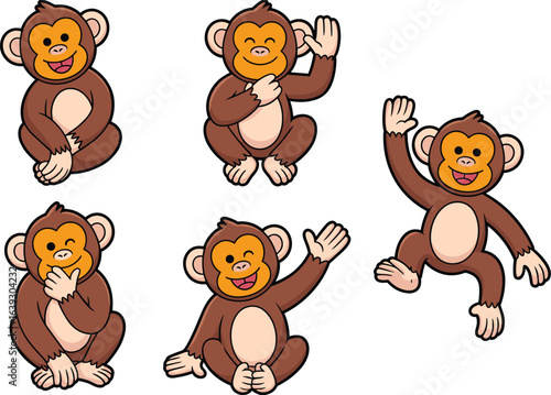 Cute cartoon monkey vector set, sitting and waving monkeys, playful animal characters, jungle theme illustration, kids clipart design, fun pose collection