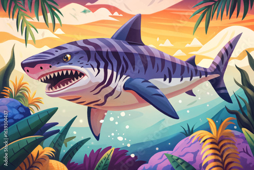 Tiger shark gliding through tropical waters, striped predator, fearless hunter cartoon wallpaper