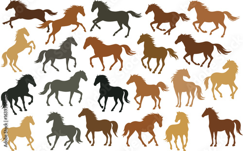Silhouettes of horses in various poses, New Year’s card material for the Year of the Horse