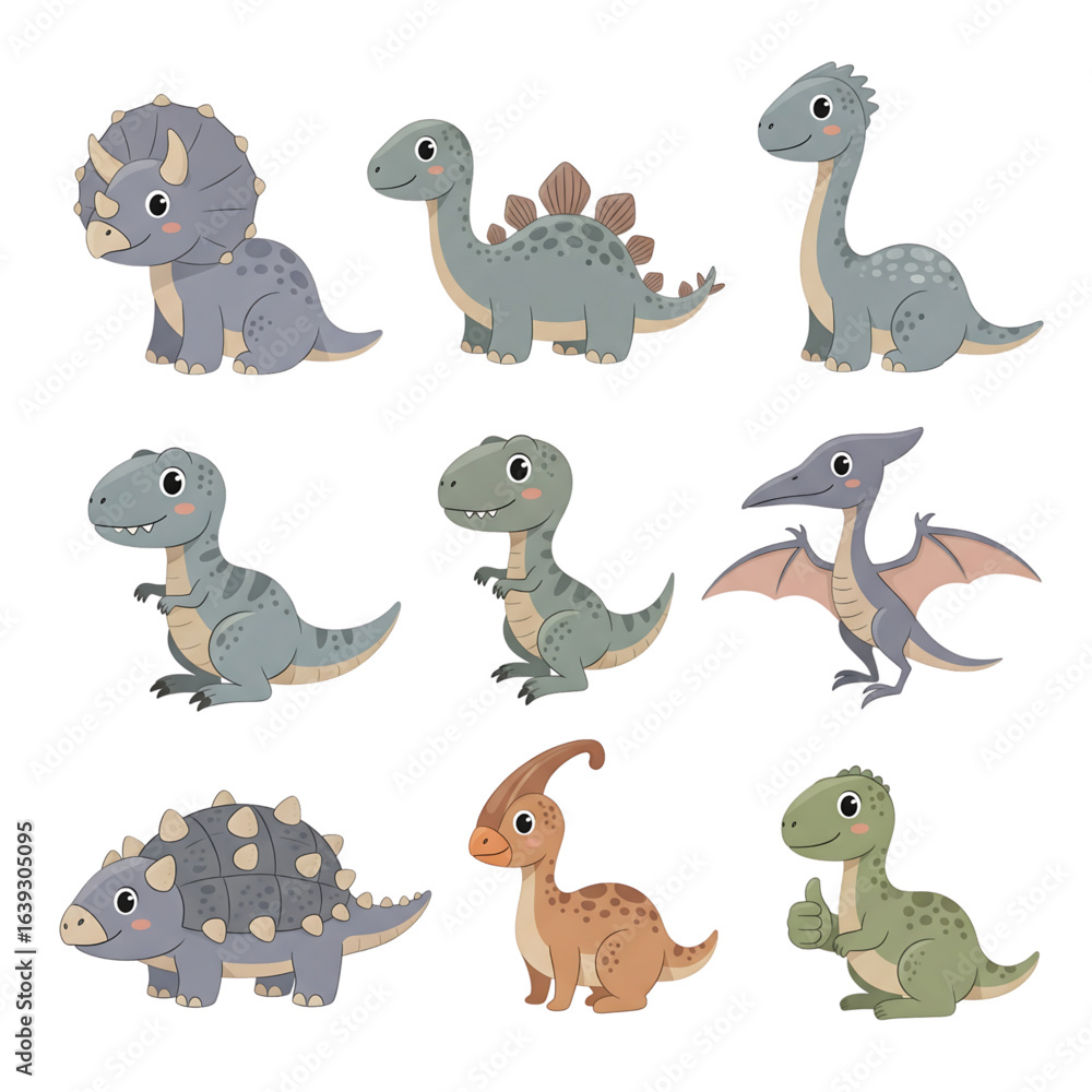 Naklejka premium Collection of cute baby dinosaur characters. Adorable cartoon prehistoric animals like T-Rex and Triceratops isolated for kids design.
