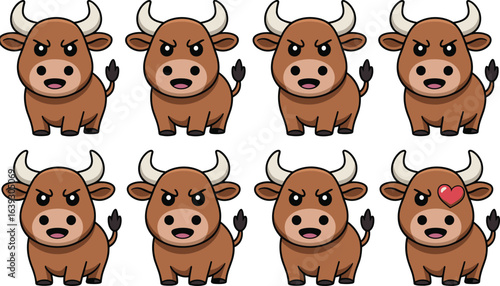 Angry cartoon bull character set, cute ox expression, brown animal mascot, farm vector illustration, funny emotion poses, sticker design