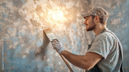 Painter works with paints and decorations and prepares the wall before painting