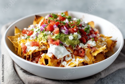 Mouthwatering nachos with cheese, salsa, and guacamole served in a chic bowl against a simple background for culinary enthusiasts and food bloggers