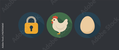 Poultry and Security Icons Set, Flat Style Vector Illustration