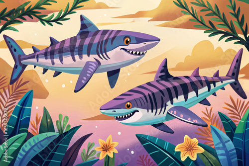 Tiger shark gliding through tropical waters, striped predator, fearless hunter cartoon wallpaper