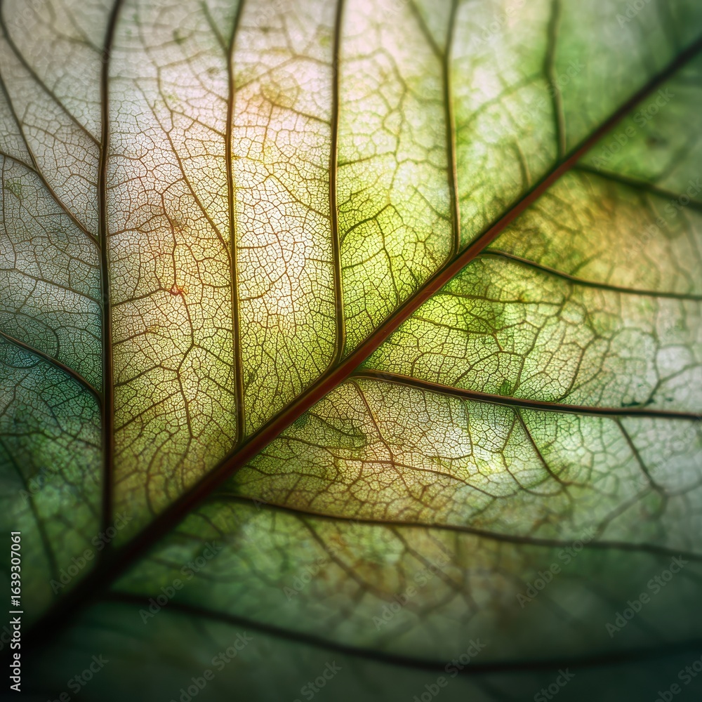 Obraz premium Illuminated Leaf Vein Detail, Nature Close-up, Green Hues, Backlit, Botanical Study