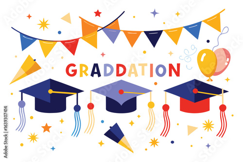 Graduation celebration featuring mortarboards bunting balloons and confetti perfect for invitations and social media posts congratulating graduates