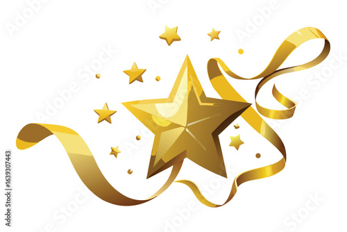Golden stars with ribbons on white background for award ceremony or holiday festive design and celebration for greeting card invitation or poster decoration