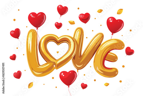 Golden love balloon letters surrounded by red heart balloons a valentines day celebration concept with decorative golden elements
