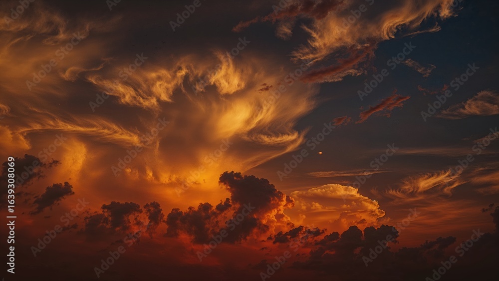 Fototapeta premium Sunset Scene Featuring Stormy Clouds in Red and Gold Hues