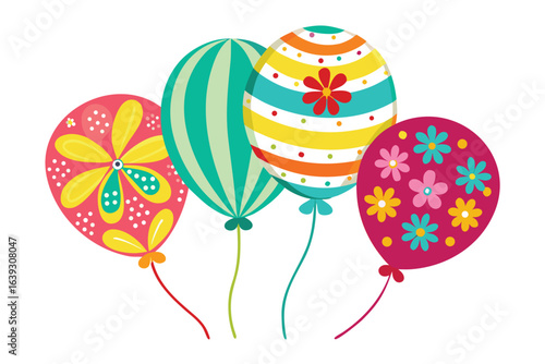 Festive collection of stylized balloons adorned with floral and geometric patterns vector illustration on white