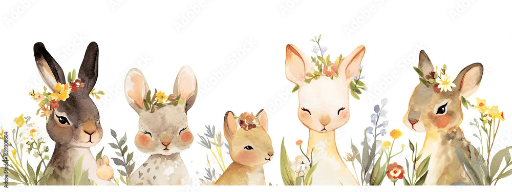 Naklejka premium Charming watercolor illustration featuring five adorable rabbits adorned with floral crowns, surrounded by delicate greenery and vibrant flowers, creating a whimsical and enchanting scene
