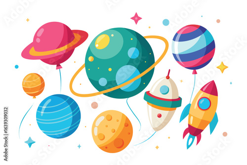 Cartoon planets rockets stars and balloons fun space adventure illustration vector graphic for childrens designs and creative projects