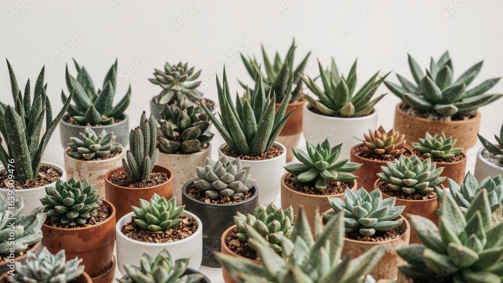 Obraz premium Assorted potted succulents photographed from multiple perspectives on a plain white backdrop
