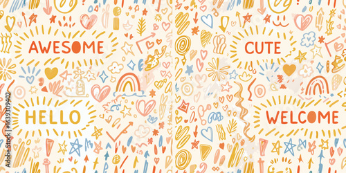 Whimsical doodle pattern with positive words and icons