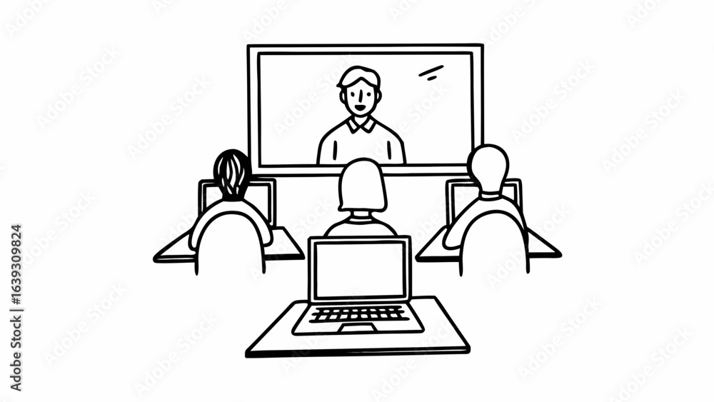 People attending a video conference with a presenter visible on a large screen in a meeting room setting created with generated ai People attending a video conference with a presenter visible on a large screen in a meeting room setting created with generated ai