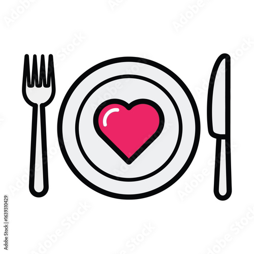Vector art of plate with fork and knife and heart isolated on white background