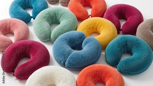 Variety of soft support pillows for journeys showcased on white