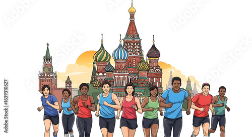 Multicultural group of runners jogging in front of the iconic St. Basil's Cathedral and Kremlin in Moscow representing unity and healthy lifestyle through fitness