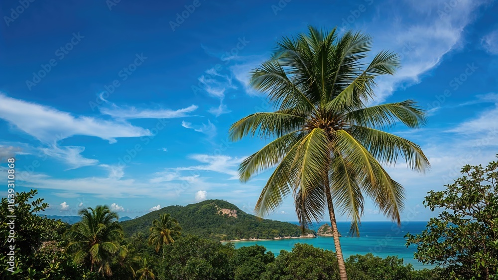 Obraz premium Lush coconut palm set against a sunny sky